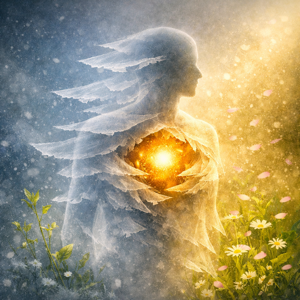 A person whose layers are being unfolded to reveal a golden inner core.